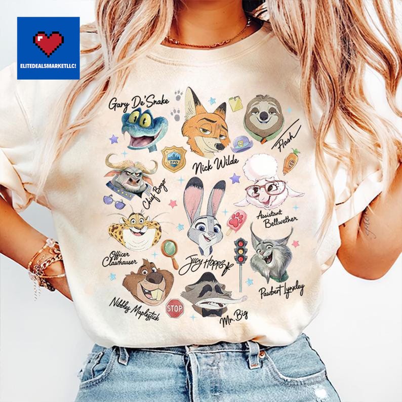 Watercolors Zootopia Characters Signature Shirts, Zootropolis Judy Hopps Nick Gary Nibbles Bogo Shirt, Disneyland Family Matching Shirt bild 1