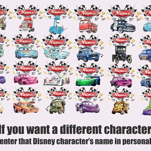May include: A collection of thirty-one individual stickers featuring various animated car characters, each paired with a checkered flag emblem and a red banner containing the word Name. Text at the bottom reads: If you want a different character, please enter that Disney character's name in personalization.
