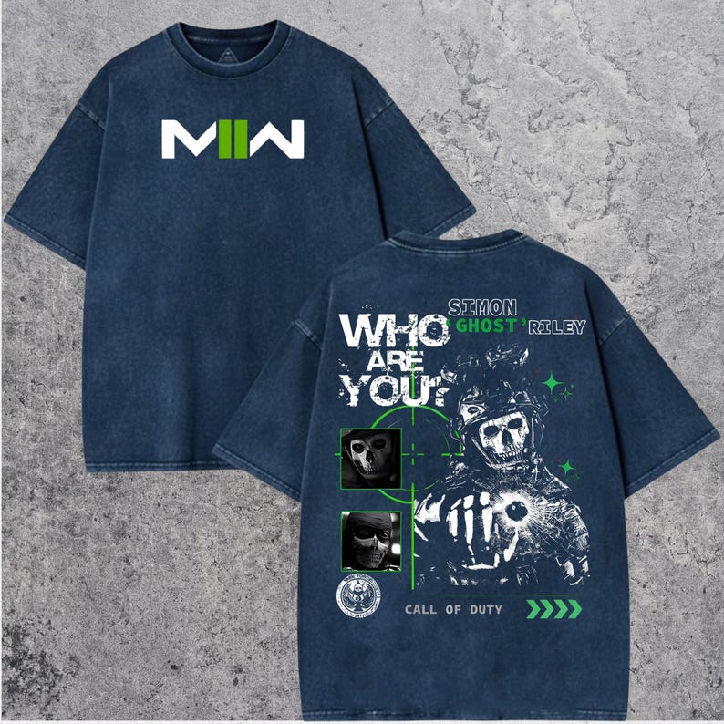 May include: Dark blue t-shirt with the text "MW" in white and green on the front. The back features a graphic of a skull soldier with the text "WHO ARE YOU?" and "SIMON GHOST RILEY" in white and green. The shirt also has the text "CALL OF DUTY".