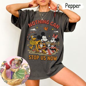 May include: A charcoal gray short-sleeve t-shirt featuring a graphic of Mickey Mouse playing a guitar, Minnie Mouse, and Pluto on a picnic blanket. The text reads NOTHING CAN STOP US NOW. A circular inset shows an illustration of three princesses.