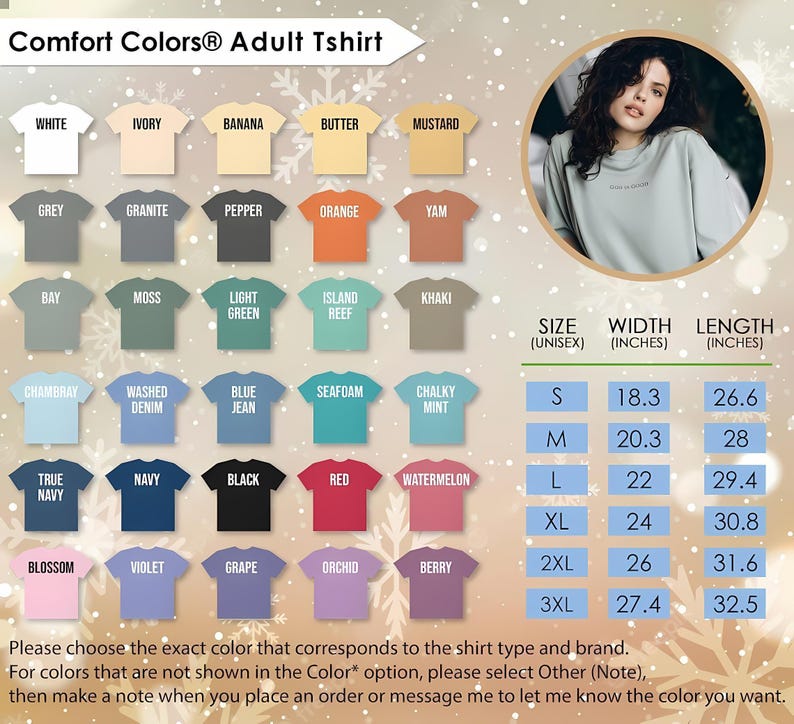 May include: A Comfort Colors Adult Tshirt colour chart featuring thirty colour swatches labelled with names like White, Ivory, Banana, Pepper, and Berry. A size chart displays width and length in inches for sizes S through 3XL alongside a circular photo.