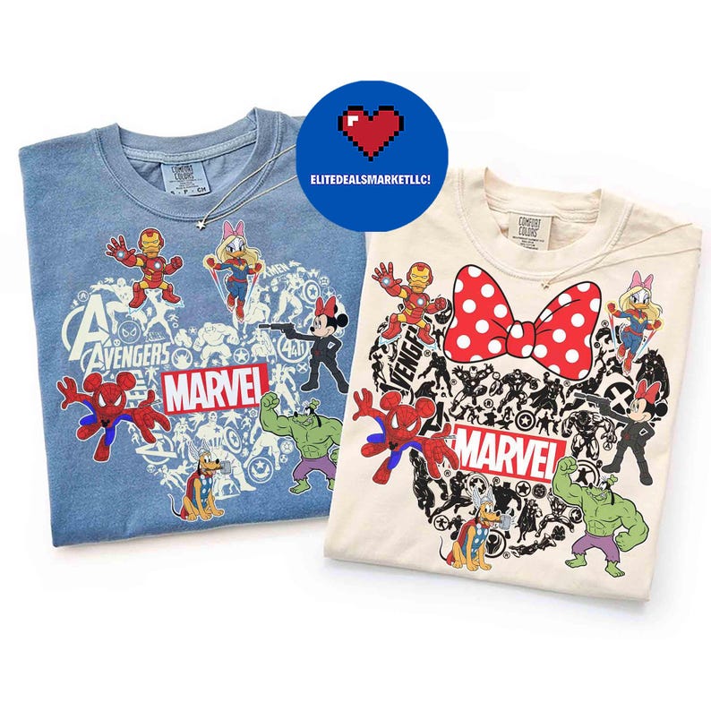 May include: Two t-shirts, one light blue and one cream-colored, featuring Marvel characters. The designs include Iron Man, Spider-Man, Hulk, and Mickey Mouse, arranged in a heart shape with the word "MARVEL". The light blue shirt has "AVENGERS" printed on it.
