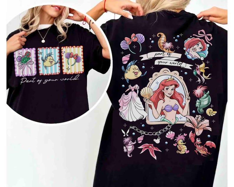 May include: Black t-shirt featuring a colorful graphic design from the movie "The Little Mermaid." The front of the shirt has three rectangular images with characters and the text "Part of your world." The back has a larger design with Ariel and other characters.