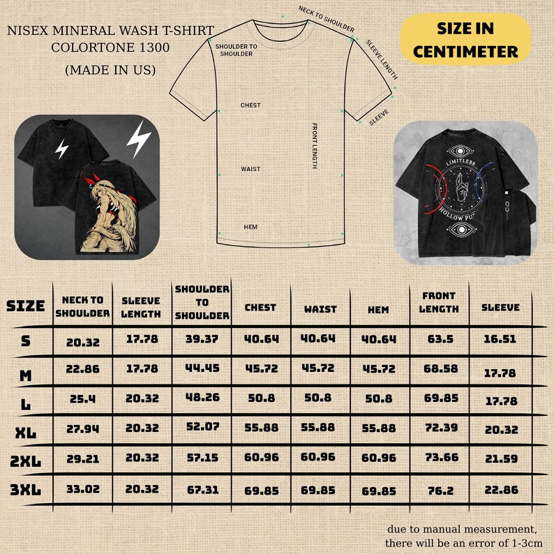 May include: Black mineral wash t-shirts with graphic designs. One shirt features a lightning bolt, another an illustration of a figure, and a third has a design with the text "LIMITLESS" and "HOLLOW PO". Size chart in centimeters.