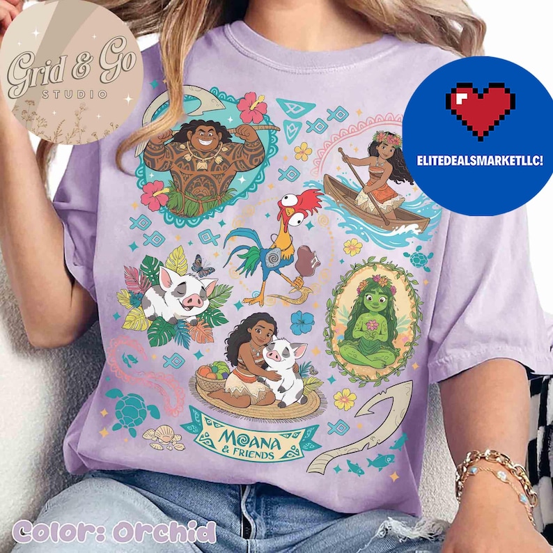 May include: Orchid-colored t-shirt featuring colorful illustrations of characters from the animated film Moana. The design includes images of Maui, Moana, Pua, Hei Hei, and other characters. The text "Moana & Friends" is also visible.