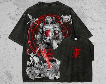 DOOM Unisex Fit Washed T-Shirt, OG Doom Key Art T-Shirt, Vintage Wash Dark Slayer Inspired Unisex T Shirt