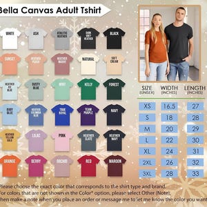 May include: A product image showcasing a variety of Bella Canvas adult t-shirts in various colors, including white, black, and heather grey. The image also includes a size chart with measurements in inches, ranging from XS to 3XL, with widths from 16.5 to 28 inches and lengths from 27 to 33 inches.