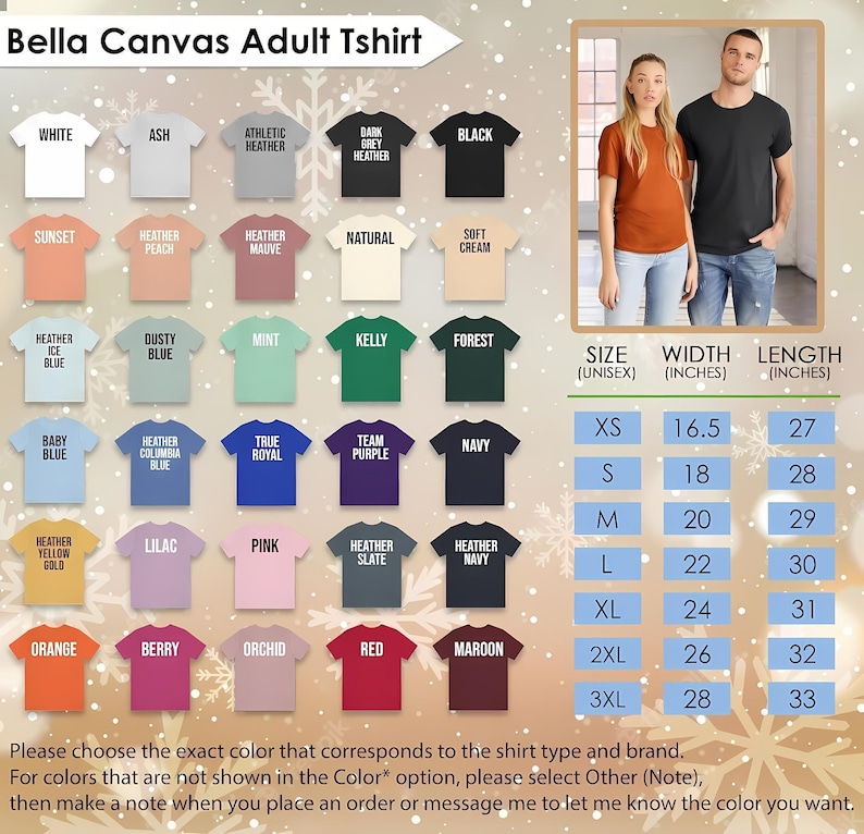 May include: A product image showcasing a variety of Bella Canvas adult t-shirts in various colors, including white, black, and heather grey. The image also includes a size chart with measurements in inches, ranging from XS to 3XL, with widths from 16.5 to 28 inches and lengths from 27 to 33 inches.