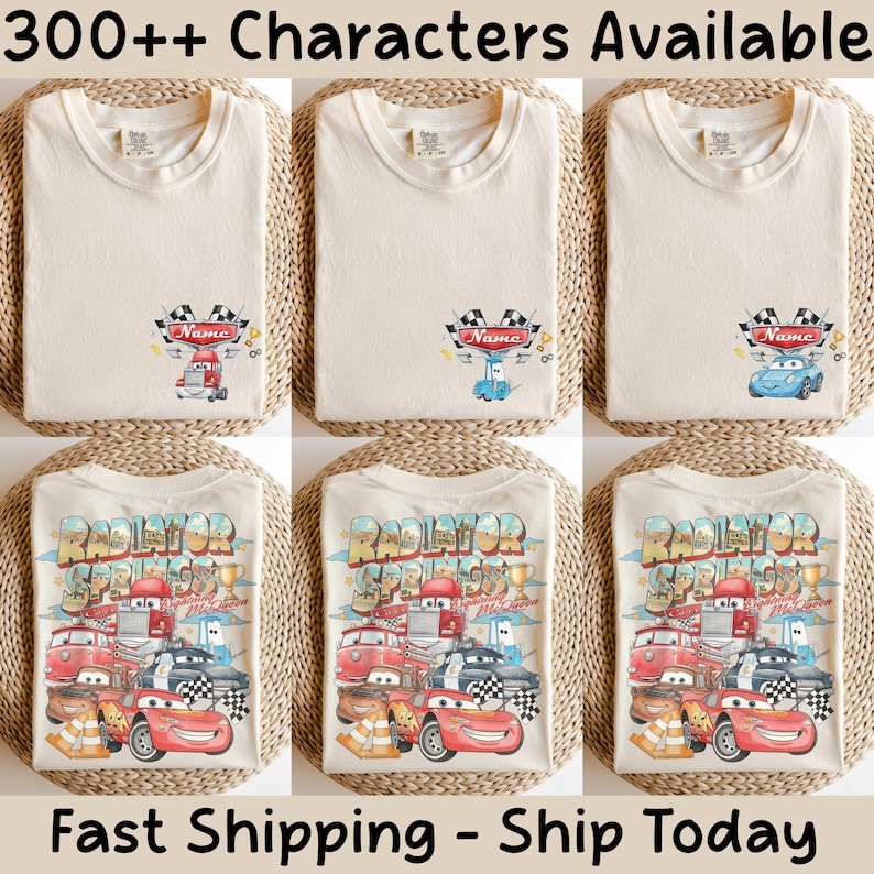 May include: A cream-colored t-shirt featuring a small graphic on the chest with a race car and checkered flags, and a large back graphic displaying multiple animated race cars, the text Radiator Springs, and Lightning McQueen.