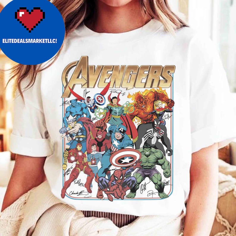 Retro Disney Marvel Avengers Signature Shirt, Spiderman Hulk Iron Man Characters Tee, Disney Superhero, Marvel Comics Book, WDW Family Trip bild 5