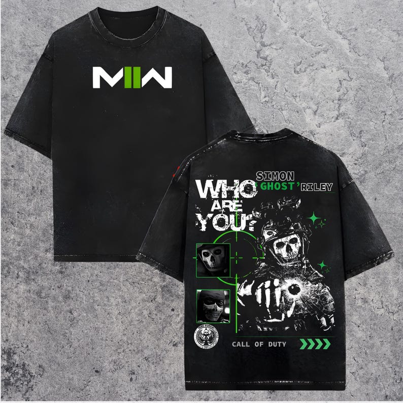 May include: Black graphic tee featuring the text "MW" in white and green on the front. The back of the shirt displays a skull graphic with the text "WHO ARE YOU?" and "SIMON GHOST RILEY" with the words "CALL OF DUTY".