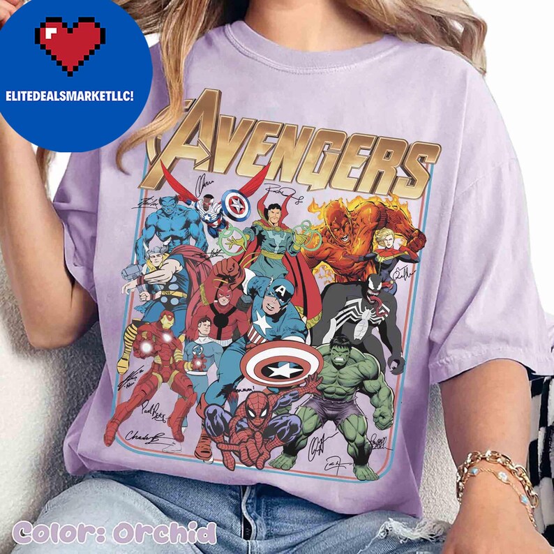 Retro Disney Marvel Avengers Signature Shirt, Spiderman Hulk Iron Man Characters Tee, Disney Superhero, Marvel Comics Book, WDW Family Trip bild 4