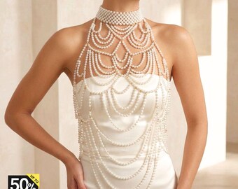 Pearl Body Chain Jewelry, Pearl Bridal Bralette, Waist Chain Beach Jewelry, Cage Bra, Body Jewelry, Festival Outfit Women, Wedding Night