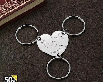 Personalized Couple Keychain, Custom Puzzle Heart Keyring, Customizable Keychain for Family, Friends, Stainless Steel, Gift for Her or Him