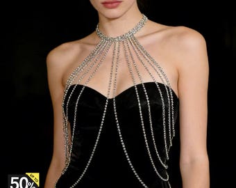 Rhinestone Body Chain Bra Necklace, Waist Chain Belly Chain Women, Bling Crystal Body Jewelry, Beach Jewelry, Festival Outfit, Gift for Her