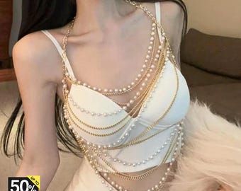 Parel body chain taille kralen, borst ketting kwastje buik ketting vrouwen, boho strand sieraden festival outfit Y2K lichaamssieraden