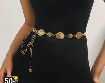 Gouden kettingriem voor dames, vintage gegraveerde tailleketting, metalen lichaamsriem, boho jurkriem, lichaamssieraad cadeau voor haar | Ringloop
