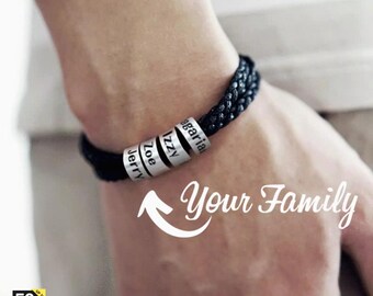 Aangepaste naamkralen heren gevlochten armband, aangepaste familiearmband, aangepaste naam wikkelarmband, roestvrijstalen armband, cadeau voor mannen, vader