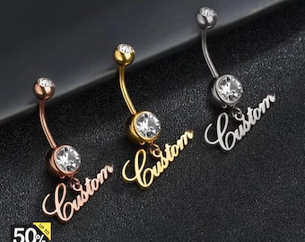 Custom Name Belly Ring, Personalized Gold Belly Ring, Dangle Belly Ring, Hypoallergenic Name Belly Rings, Gift for Her