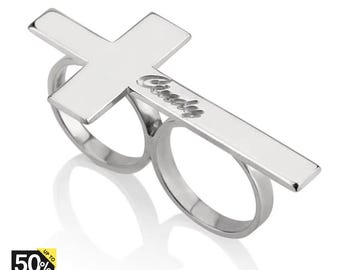 Aangepaste naamkruisring, roestvrijstalen ring, ringen voor dames en heren, gepersonaliseerde naamring, cadeau voor haar of hem