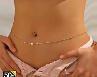 Heart Beaded Belly Chain, Beach Bikini Waist Chain for Women, Gold Body Jewelry, Summer Fashion Belly Chain Gift, Belly Chain