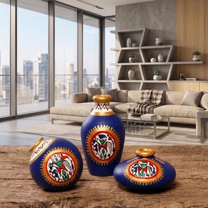 Jarrones de terracota con arte Warli pintados a mano - Juego de 3 macetas decorativas en miniatura de color azul marino y dorado