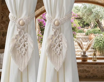 Sujetadores de cortina de macramé con forma de hoja, cortinas de algodón estilo bohemio con cuentas de madera, juego de 2