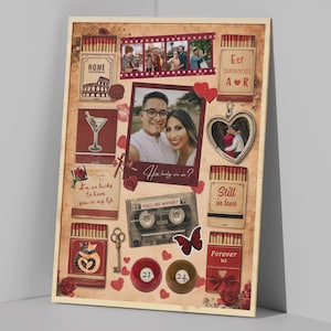 Peut inclure: Un collage encadré d'esthétique vintage, avec des photos, des boîtes d'allumettes et des éléments décoratifs dans des tons de rouge et de marron. Le texte comprend "ROME", "Est 01/02/2025", "I'm so lucky to have you in my life", "CALL ME MAYBE", et "Still in love".