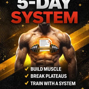 Puede incluir: Gráfico de fitness con el texto "THE 5-DAY SYSTEM" en blanco y rojo. La imagen presenta un torso musculoso con una mancuerna y un gráfico de documento. Debajo están las palabras "BUILD MUSCLE", "BREAK PLATEAUS" y "TRAIN WITH A SYSTEM". El logotipo de IronMethod Studio está en la parte inferior.