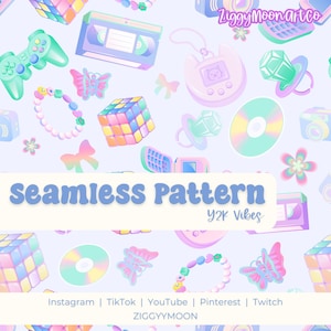 May include: A seamless pattern design featuring Y2K-era elements like a Rubik's Cube, a Tamagotchi, a CD, a video game controller, and a flip phone. The design includes the text "Seamless Pattern" and "Y2K Vibes". The pattern is in pastel colors.