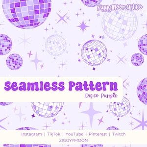 Può includere: Un motivo senza cuciture con sfere da discoteca e stelle viola su sfondo lilla chiaro. Il testo "seamless Pattern" e "Disco Purple" è visualizzato. Sono visibili anche le icone dei social media e il nome "ZIGGYYMOON".