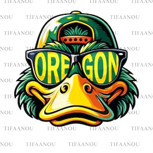 May include: A cartoon illustration of a duck wearing sunglasses that spell out "OREGON". The duck is wearing a green baseball cap and has green and yellow feathers. The image has a bold, graphic style.