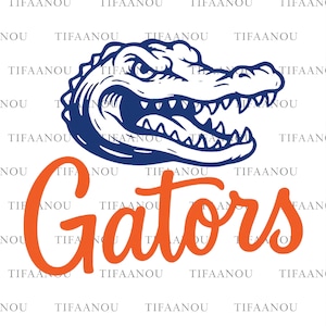 May include: A graphic design featuring a blue alligator head with open jaws above the orange word "Gators". The design is a bold, simple illustration, perfect for apparel or fan merchandise.