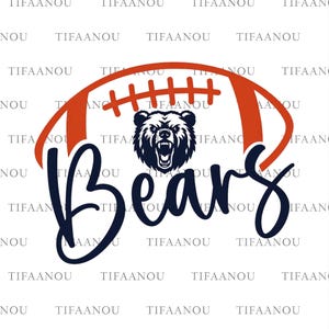 May include: A navy blue and orange graphic design featuring a football shape with the word "Bears" in a stylized font. A detailed illustration of a bear's head is centered within the football.