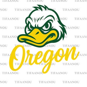 May include: A graphic of the Oregon Ducks mascot, a duck with an angry expression, in green, white, and yellow. The word "Oregon" is written in a yellow script font below the duck.