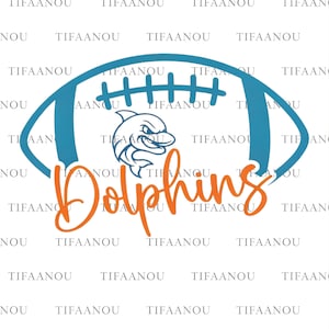 May include: A blue and orange football graphic with the word "Dolphins" in orange script. A dolphin logo is in the center of the football. The background is white.