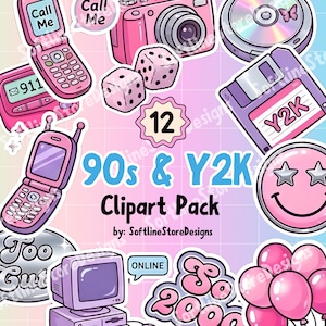 Pode incluir: Uma coleção de autocolantes clipart com o tema dos anos 90 e Y2K em tons de rosa e roxo. Inclui uma câmara rosa, telemóveis de concha, dados, um CD, um disquete, um smiley, um computador, balões e o texto "90s & Y2K Clipart Pack".