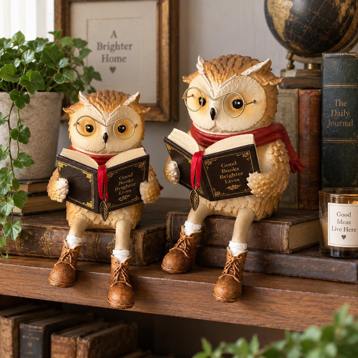 Hand-Painted Reading Owl Figurine with Book & Glasses, Dangling Legs Owl Statue, Owl Shelf Sitte