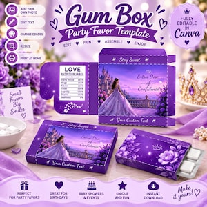 May include: A purple gum box party favor template featuring a castle and a person in a gown. The text reads Gum Box Party Favor Template, Love Nutrition Label, Stay Sweet, Extra Dose of Confidence, and Your Custom Text. The design includes roses.