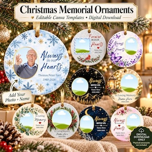 Könnte beinhalten: Eine Sammlung runder Weihnachts-Gedenk-Ornamente mit anpassbaren Fotorahmen, Textplatzhaltern für Namen und Daten sowie verschiedenen Designs wie Schneeflocken, Schmetterlingen, Blumenkränzen, Tannenzweigen und nächtlichen Sternenhimmeln.