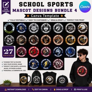 Puede incluir: Un paquete digital de 27 diseños circulares de mascotas deportivas escolares con varios animales y figuras como guerreros, zorros, águilas y rapaces. La plantilla incluye espacios para nombres de escuelas y se muestra en una sudadera, taza y gorra.