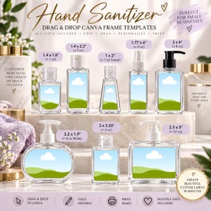 May include: A collection of clear hand sanitizer bottles in various shapes and sizes, each featuring a label with a blue sky and green hill graphic. The bottles include pump, spray, and flip-top caps, with dimensions ranging from 1 x 2 inches to 3.2 x 1.9 inches.