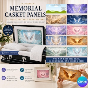 Puede incluir: Una colección digital de diez plantillas editables para paneles de ataúd conmemorativos de 31x14 pulgadas. Los diseños presentan temas celestiales con alas de ángel, nubes y rayos de luz. Incluye una vista previa de un ataúd y un marco.