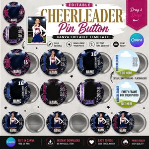 May include: A digital template for a circular cheerleader pin button featuring various designs with dark backgrounds, star patterns, and placeholders for photos, names, and years. The text includes "EDITABLE CHEERLEADER Pin Button" and "CANVA EDITABLE TEMPLATE" with icons for editing, dragging photos, and printing.