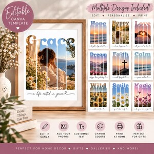 May include: An editable Canva template featuring a vertical poster with a photo of a person overlooking a coastal landscape, overlaid with the word Grace and the text a life rooted in grace. Nine additional design variations are displayed alongside.