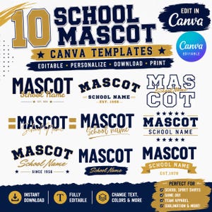 May include: A digital collection of 10 school mascot Canva templates featuring navy blue and gold typography. The designs include various layouts with the words MASCOT and School Name, stars, and banners. Text includes EDIT IN Canva, EDITABLE, and more.