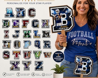 May include: Custom fan signs featuring a full alphabet of varsity-style letters. Each letter includes space for a name, jersey number, and class year. The design displays a football player graphic with a blue and white color scheme and dark background.