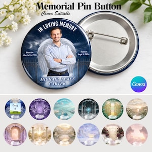 Könnte beinhalten: Ein runder Gedenk-Ansteckbutton mit einem Foto einer Person mit Engelsflügeln vor einem Nachthimmel. Der Text lautet In Loving Memory, Sunrise March 14, 1986, Sunset Sept 8, 2026 und Michael James Carter. Die Rückseite zeigt eine Metallnadel.