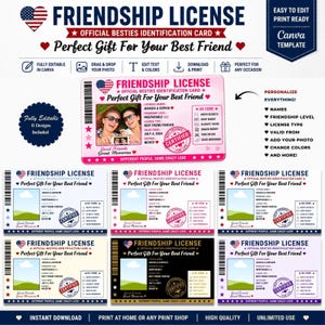 Może przedstawiać: Cyfrowy szablon karty identyfikacyjnej licencji przyjaźni z różowym tłem, miejscem na zdjęcie, kodem kreskowym i tekstem, w tym Friendship License, Official Besties Identification Card oraz US Code z polami wyboru.