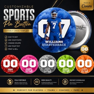 May include: A customisable sports pin button template featuring a football player in a blue uniform with the number 7, set against a blue smoke background. The design includes editable text fields for names and titles, with additional colour variations.